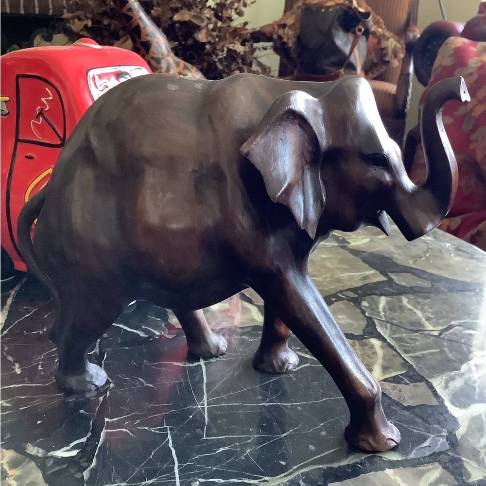 Handcrafted large dark teakwood running charging wood elephant statue 11x8